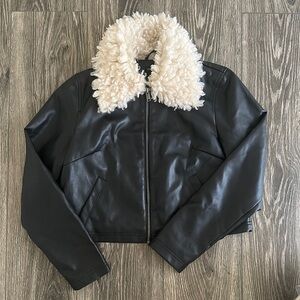 Urban Outfitters Black Leather Jacket with Cream Fur Collar